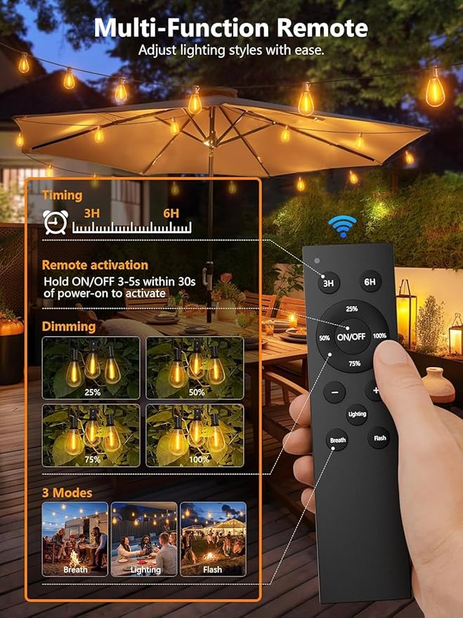 luckystyle 100FT LED Outdoor String Lights with Remote, 35+ 1 Shatterproof Bulbs Waterproof and Dimmable Patio Lights for Porch, Garden, Backyard, Deck, Balcony, 2700K Hanging Lighting