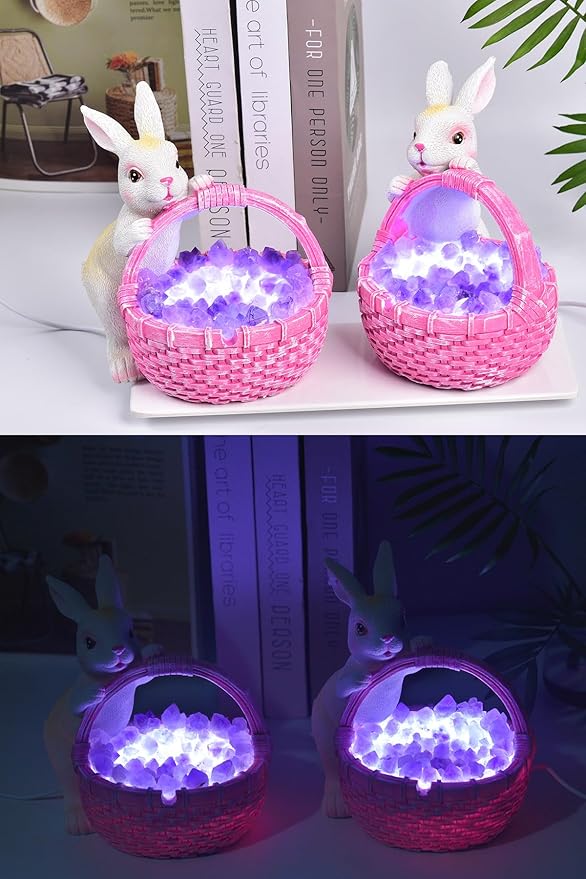 AMOYSTONE Amethyst Rabbit Night Light with Ceramic Sculpture, USB Powered Easter Home Decor Lamp for Bedroom Kids Room Gift