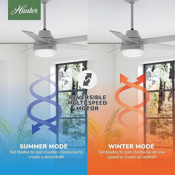 Hunter 52 inch Indoor Ceiling Fan with LED Light and Remote Control - Modern Smart Ceiling Fan, Standard Mount, 5 Blades, For Bedroom, Living Room, or Kitchen, Quiet - Aerodyne 52614, Dove Grey