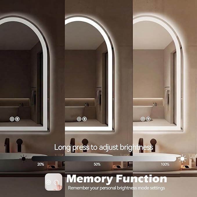 Sweetcrispy 24"×32" LED Bathroom Mirror with Lights, Arched Vanity Mirror with Anti-Fog, Dimmable, 3-Color Light, Memory Function, Tempered Glass