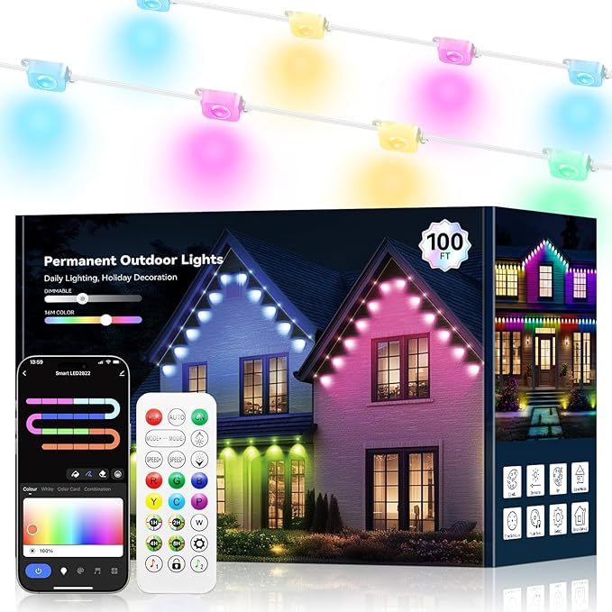 100FT Permanent Outdoor Lights for House -Eaves Lights with 50 IC+RGBCW LED IP67 Waterproof, Smart Outside LED Christmas Light with App/Remote, Eternity Lighting for Holiday/Daily