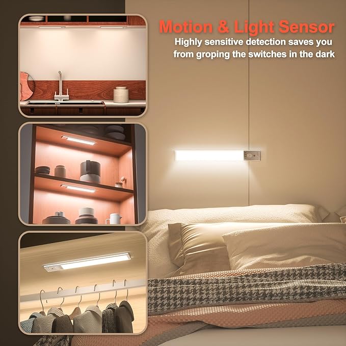 Under Cabinet Lighting, 2Pack Motion Sensor Light Indoor with 3 Color Temps, Rechargeable Under Counter Lights for Kitchen,Dimmable Closet Lights Battery Operated, 76 LED Motion Sensor Light Indoor