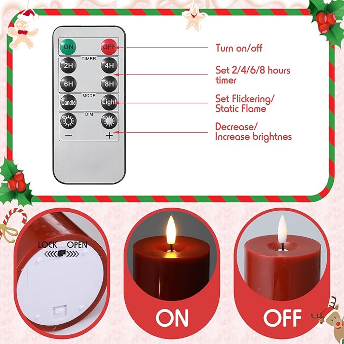 Retisee 3 Pcs Christmas Red Large Flameless LED Battery Operated Candles with Remote Xmas Pillar Flameless Flickering Candles for Indoor Outdoor Santa Party Wedding Light Decor(4''/6''/10'' x 3'')