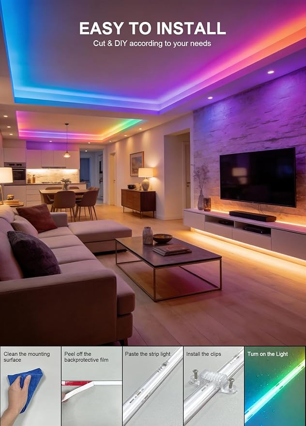 80FT COB RGB IC Outdoor LED Strip Lights Waterproof, Multicolor IP67 Outside Flexible UL Listed 24V with App Remote Control,Music Sync Exterior Rope Lights for Patio, Eave, Party Decorations(2 Roll)