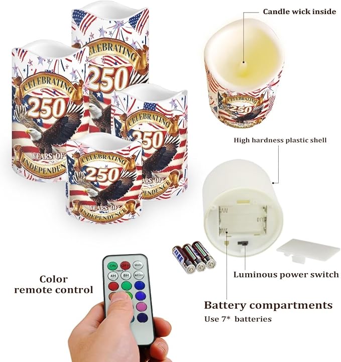 Independence Day Flameless LED Candles Patriotic Floral Design Warm Lamp America 250th Battery Operated Flickering Timer Candle Aesthetic Cozy Minimalist Home Decor, 4 Pack