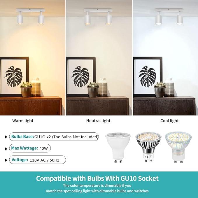 2 Way Track Lighting Kit Flexibly Rotatable Track Light Ceiling Kitchen LED Ceiling spot Light for Bedroom, Picture Wall, Hallway, Office, Bar, GU10 Socket (White-2)
