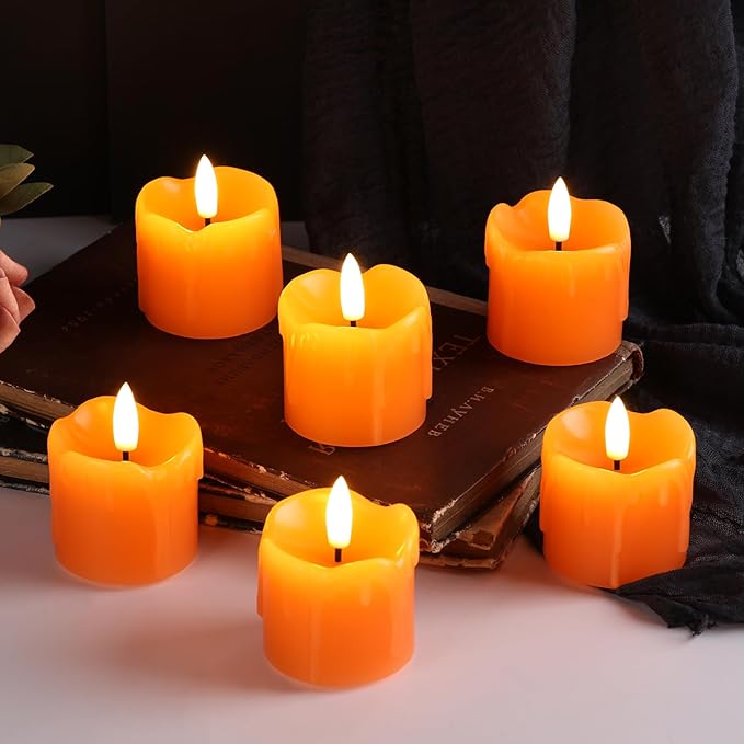 Eywamage Orange Dripping Wax Flameless Votive Candles with Remote Batteries, 2x2 inch Small LED Pillar Candles Set of 6