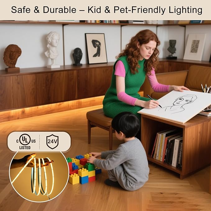 24V COB LED Strip, LED Strip for Bedroom, 16.4FT Remote Control LED Strips, Warm LED Light Strip, COB Flexible Light for Bedroom Cabinet Vanity Mirror DIY Lighting