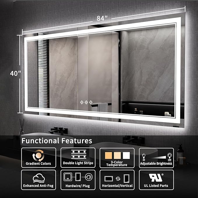 Big Bathroom Mirror, 84x40 Inch Gradient Front and Backlit Lighted Mirror, 3 Colors Dimmable CRI>90 Double Lights, IP54 Enhanced Anti-Fog, Wall Mount LED Vanity Mirror