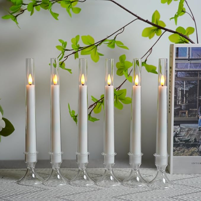Lezonic Flameless Windows Candles Battery Operated with Timer Remote, 6Pcs White Acrylic Flameless Candlesticks with Holders, LED Taper Candles Flickering for Halloween Christmas, 0.8 x 8 inches