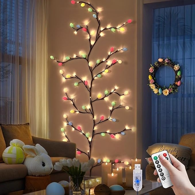 Easter Egg LED Tree Branch Lights for Wall,Easter Egg Willow Vine Twig Decor,USB Interface,with 144 LED Lights and Remote,8 Lighting Modes,for Home,Walls,Doors Windows (90inch)