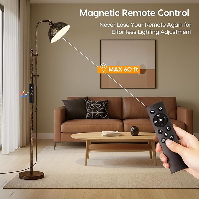 Floor Lamp, Industrial Modern Standing Lamp with Remote Control, 71" Height Adjustable, Aged Black Finish Rustic Farmhouse Tall Reading Lamp for Bedroom, Over Couch Arched Reading Light