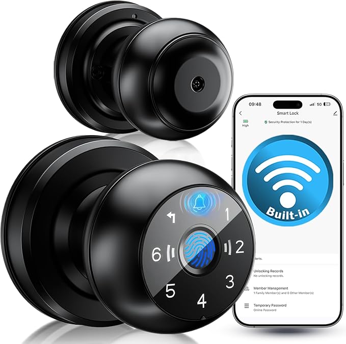 【WiFi-Triggered】 5-in-1 WiFi Smart Fingerprint Door Knob Lock with Keypad - Lock-Side Programming, Local Data Storage, Doorbell-Triggered Remote Unlock, Real-Time Alerts - Ideal for Bedrooms, Offices