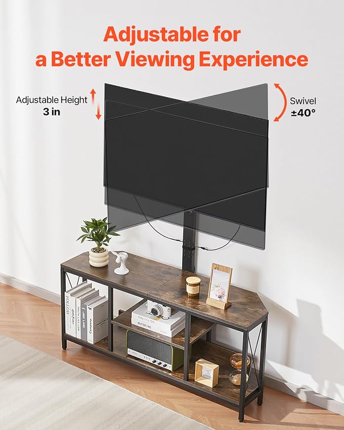 VEVOR 45" TV Stand with Mount for up to 75 in TVs, Entertainment Center with Power Outlet & LED Lights, Height Adjustable TV Console with Mount with 3 Tiers Storage Cabinets for Bedroom, Living Room