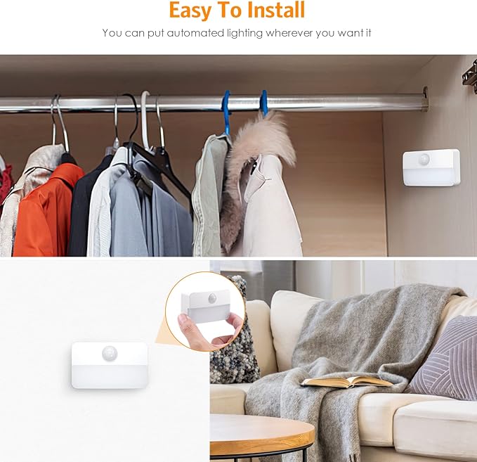 JXTZ 【2 PACK】 Motion Sensor Night Light, Stick-On Motion Sensor Lights Indoor, Battery Powered Under Cabinet Kitchen Lights with Adhesive Pads, Auto/On/Off for Cupboard Wardrobe Stair Kitchen