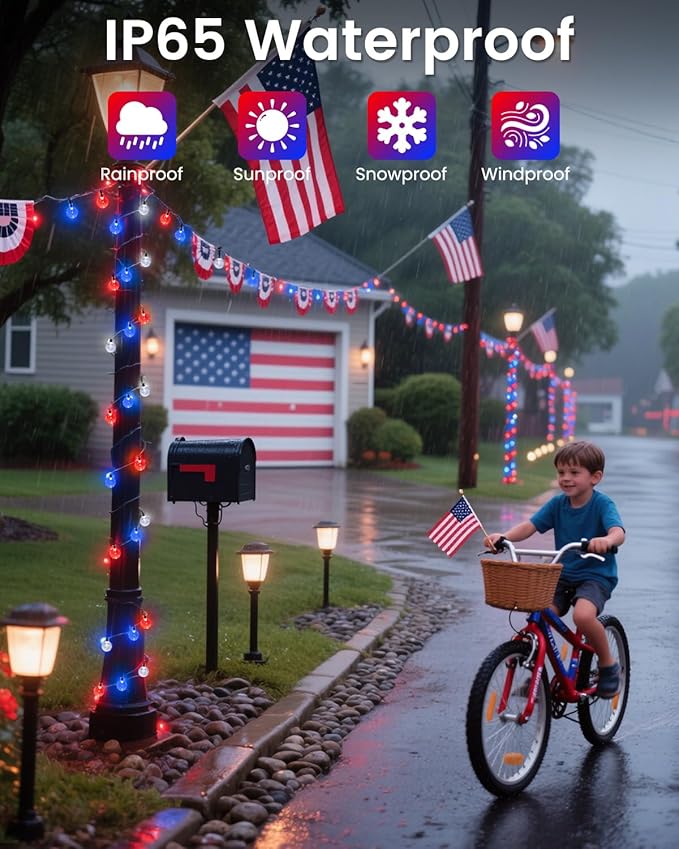 2-Pack Red White and Blue Crystal Globe Solar String Lights Outdoor, 64FT 100 LED Waterproof 4th of July Decorations, Solar Patriotic Lights 8 Lighting Modes for Memorial Day Independence Day Yard