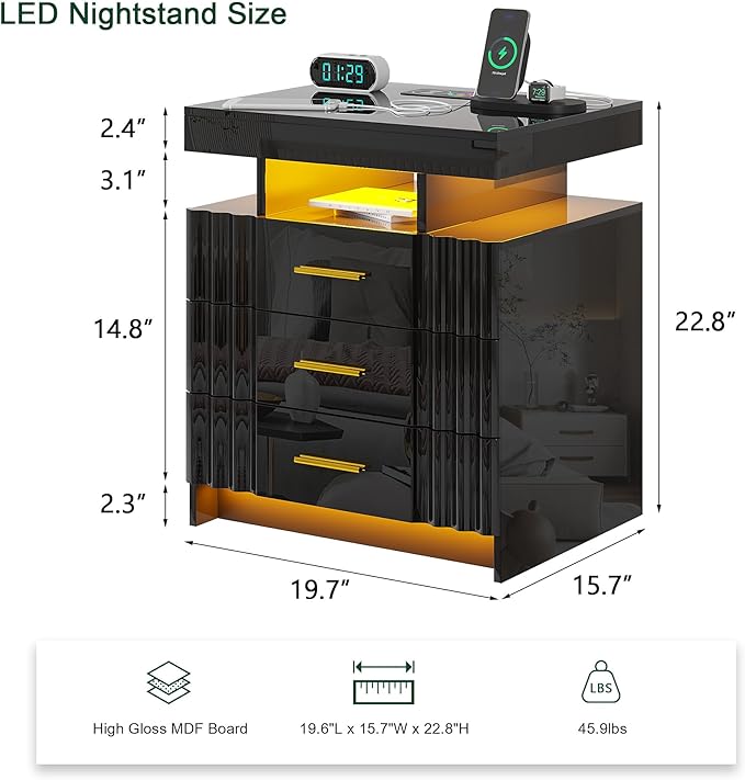HNEBC LED Nightstand,Black Nightstand with Charging Station-USB+Type-C+Wireless Charging,Smart Bedside Table has Auto Sensor, High Gloss Night Stand with 3 Drawers for Bedroom