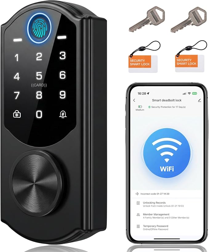 WiFi Smart Lock with Fingerprint, Keyless Entry Door Lock for Front Door, Built-in WiFi, Touchscreen Keypad Deadbolt, App Remote Control, Auto Lock, Easy Installation