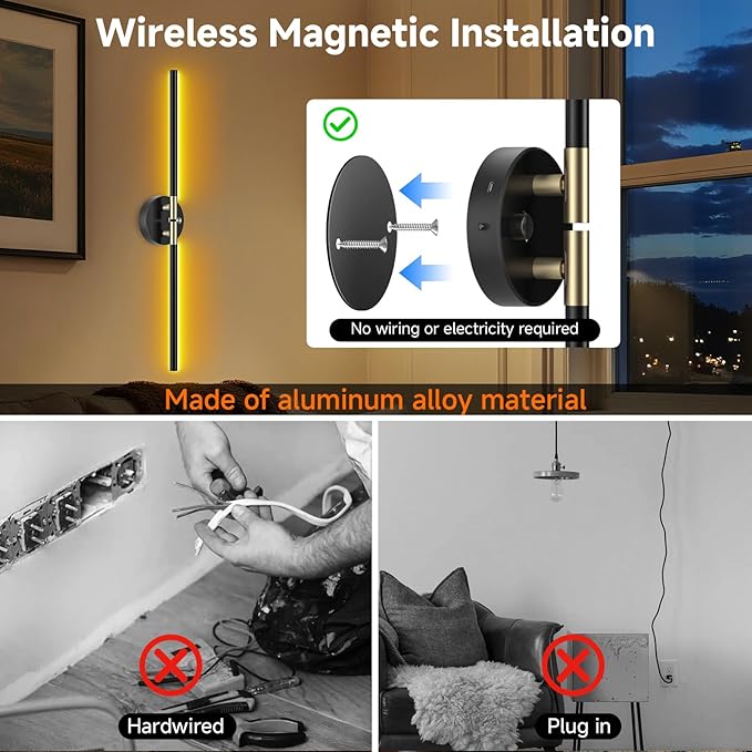 Wall Sconces with 360°DIY Independently Rotatable Lamp,10000mAh Rechargeable Battery Operated,Wireless Magnetic Wall Lights with Remote,RGB Colors&Dimmable,Wall Decor for TV/Mirror,Bedroom,Staircase