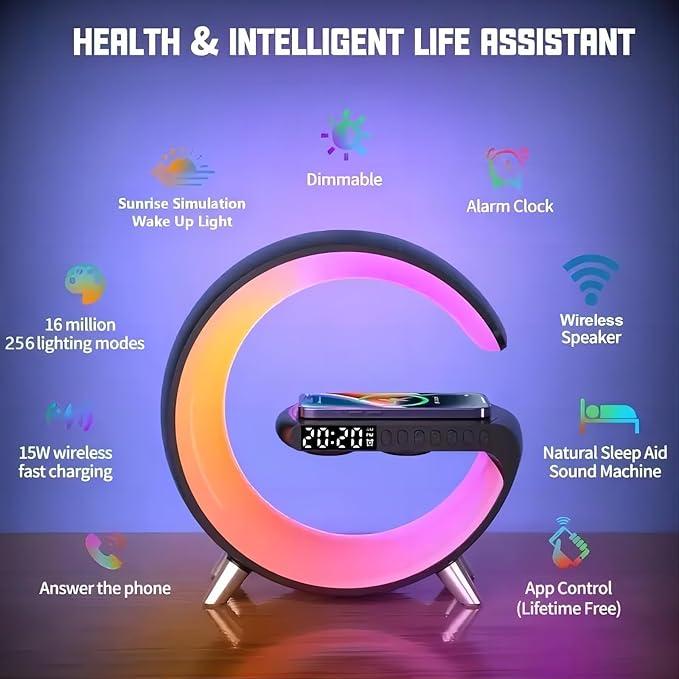 Smart LED Table Lamp,4 in 1 Night Light,Wireless Charger,Alarm Clock and Bluetooth Speaker with App Control Color Changing Atmosphere Table Lamp for Bedroom, Office, Home Decor