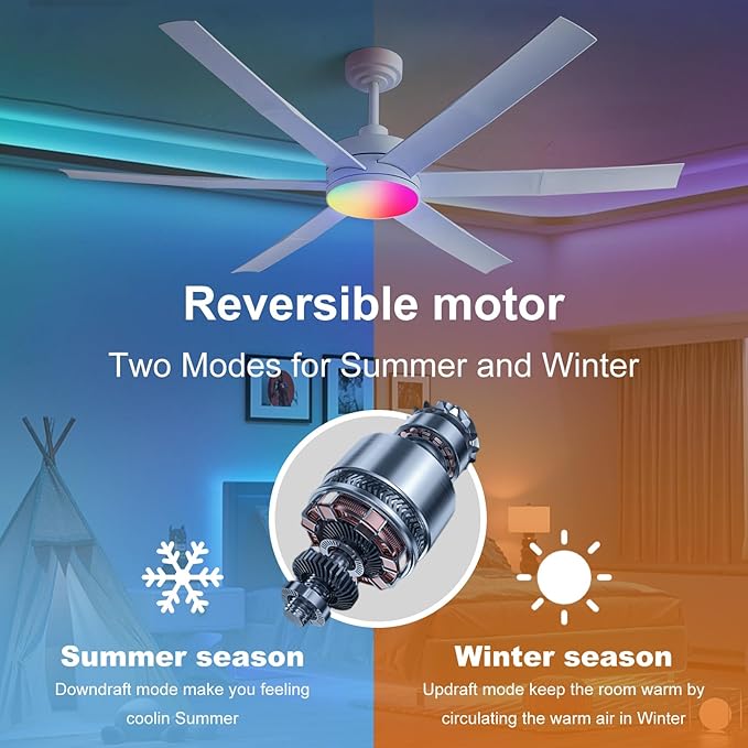60" Smart Ceiling Fan with RGB Chasing Lights – Quiet DC Motor with Sectional Blades Dimmable CCT via App & Remote Control, Fits Flat or Sloped Ceiling Mount for Large Living Rooms, White