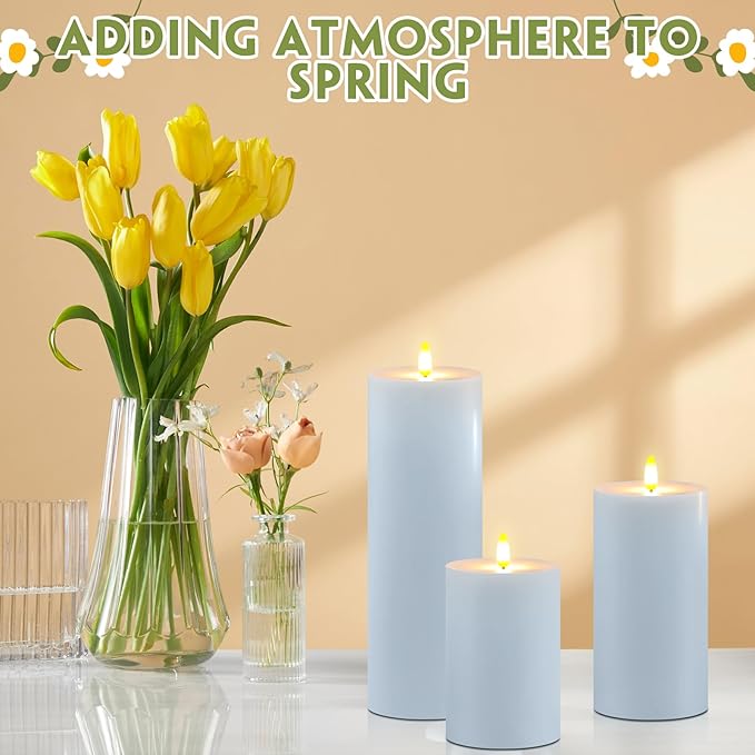 Retisee 3 Pcs Winter Light Blue Large Flameless LED Candles with Remote Spring Battery Operated Flickering Pillar Candles for Indoor Outdoor Party Wedding Light Decor(6''/8''/12''x4'')
