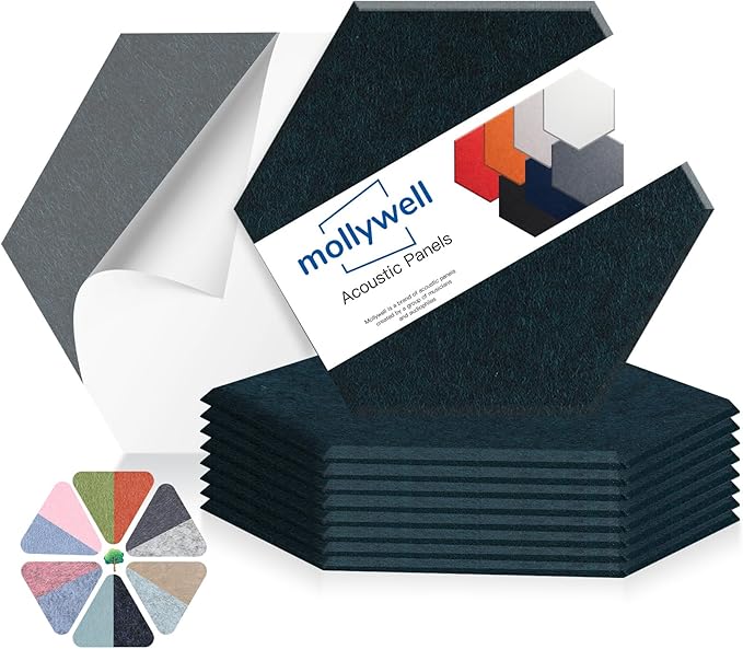 Mollywell Hexagon Acoustic Panels 14x12 - Reduce Echo & Reverb, Noise Blocking Wall Tiles for Home Theater & Study, Deep Green Sound Absorbing Panels
