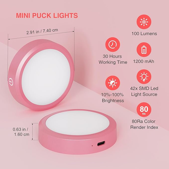 Rechargeable Puck Lights with Remote Control,LED Under Cabinet Light with Full-Screen,3 Color Temperatures Stick On Light Wireless, Tap Lights for Kitchen,Cabinet,Counter,Closet,Shelf,2 Pack, Pink