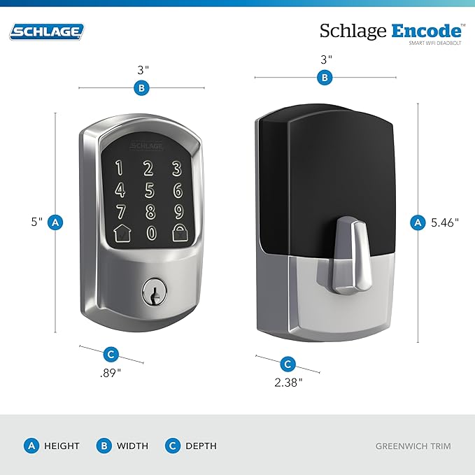 Schlage Encode Smart Wi-Fi Deadbolt Lock with Touchscreen Keypad, Keyless Front Door Entry, App Control, Alexa, Google Home and Airbnb Compatible, Bright Chrome, BE489WB GRW 625