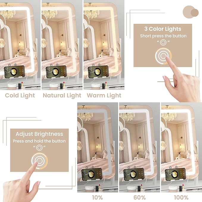 Dripex 5-in-1 Lighted Vanity Mirror with Bluetooth Speaker & Type-C Charging, 15"x12" LED Makeup Mirror with Lights 3 Colors Dimmable, Phone Holder Touch Keys 10X Magnification