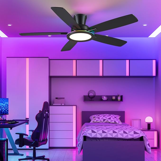Flush Mount Ceiling Fan with RGB Light - 52In Black Ceiling Fan Light with Reversible Mute Motor, LED 3CCT Dimmable, Low Profile Modern Ceiling Fans for Indoor, Party, Covered Outdoor
