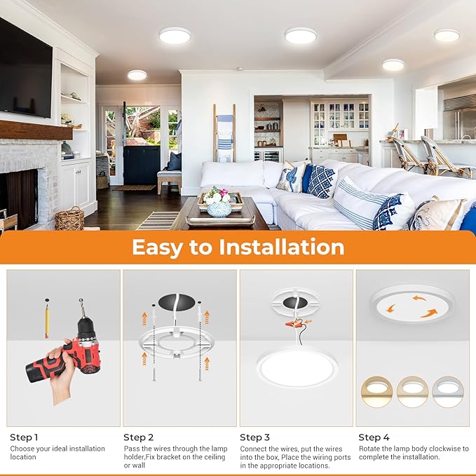 slochi 3Pack LED Flush Mount Ceiling Light Fixture, 9 Inch Light Fixture, 3000K-4000K-6500K Round Flat Bedroom Lights, Closet Round Surface for Bathroom Laundry Bedroom Hallway