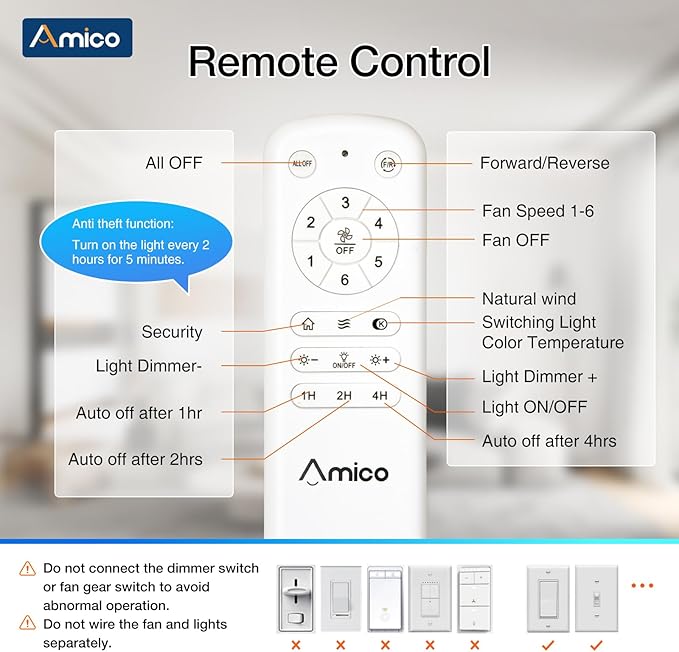 Amico Ceiling Fans with Lights, 52 inch Smart Ceiling Fan with Remote/APP/Alexa Control, Downrod Mount, Reversible DC Motor, 5 Blades, 6 Speeds, 3CCT, Dimmable, Noiseless, Bedroom, Living Room, Black