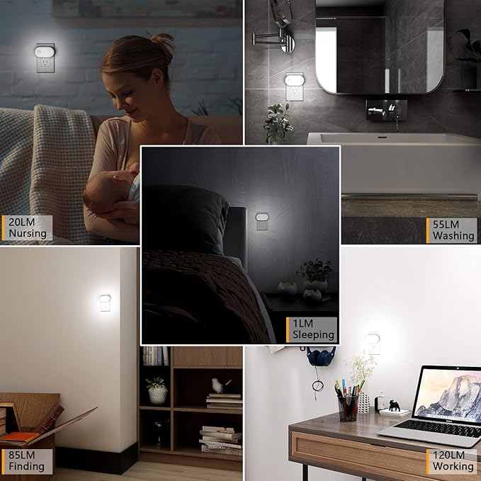 Lyridz 120LM Ultra Bright Plug-in Motion Sensor Night Light, Stepless Dimmable LED Nightlight, Always-On and Auto-Off, for Hallway, Stairs, Bathroom, Bedroom, Garage, Cool White (4-Pack)