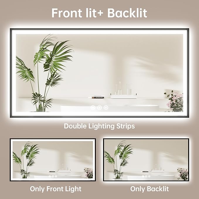 60x36 LED Bathroom Mirror with Lights, Black Aluminum Framed, Backlit + Front Lit, Lighted Bathroom Vanity Mirror for Wall, Anti-Fog, Memory Function, Dimmable, Shatterproof ETL Listed