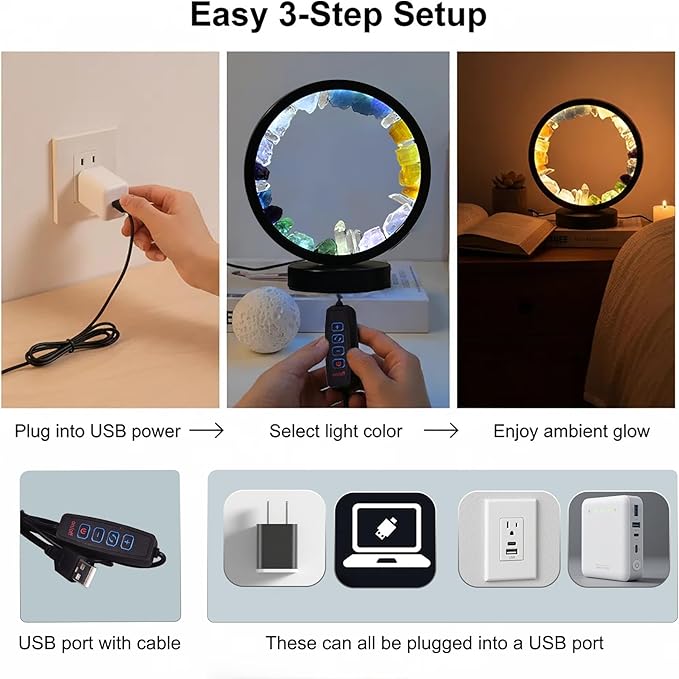 AMOYSTONE Natural Chakra Crystal Night Light with USB, Mixed Stones Round Meditation Lamp with 3-Color Control for Bedroom, Office & Home Decor (Push Button Switch)