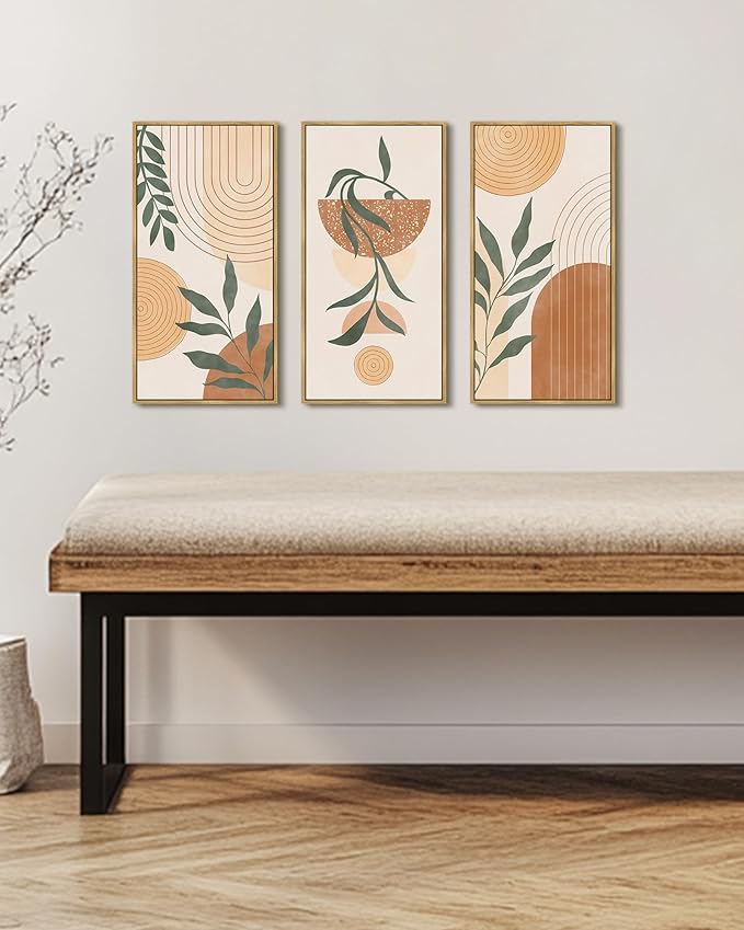 KUVIOKE Boho Orange Wall Art Green Botanical Leaf Artwork BohemainMinimalist Line for Bathroom Living Room 8x16in3pcs Natural Framed