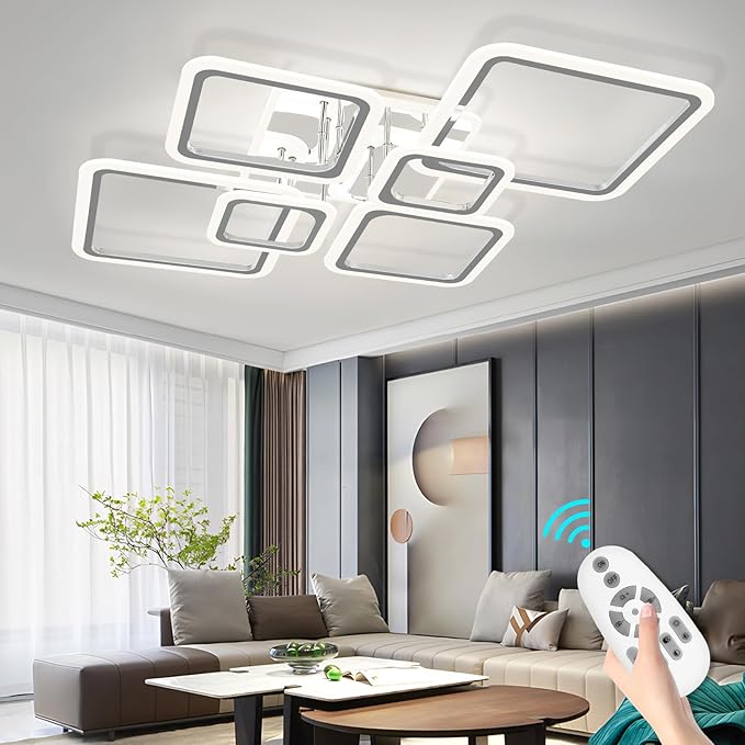 Modern LED Ceiling Lights for Bedroom 40.2'' Dimmable Square 6+1 Rings Ceiling Lights for Living Room with Remote Control 130W for Kitchen,Balcony, Bedroom, Chrome