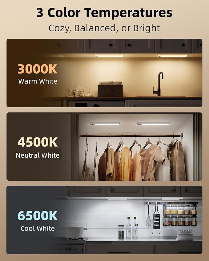 EZVALO 3-Pack Under Cabinet Lighting, 3300mAh Rechargeable Motion Sensor Light, 12inch Magnetic Closet Lights with Dimmable & 3 Color Temps, Wireless Motion Activated Lights with Remote for Kitchen