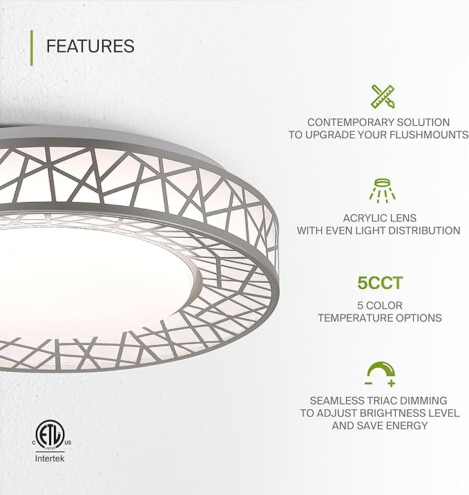 ASD 12 Inch LED Flush Mount Ceiling Light Fixture for Bedroom, 20W 1130LM 5CCT 2700K-5000K, Triac Dimmable Lights, Dining, Living Room, Kitchen Lamps, Modern Home Lighting Fixtures, Nickel, ETL