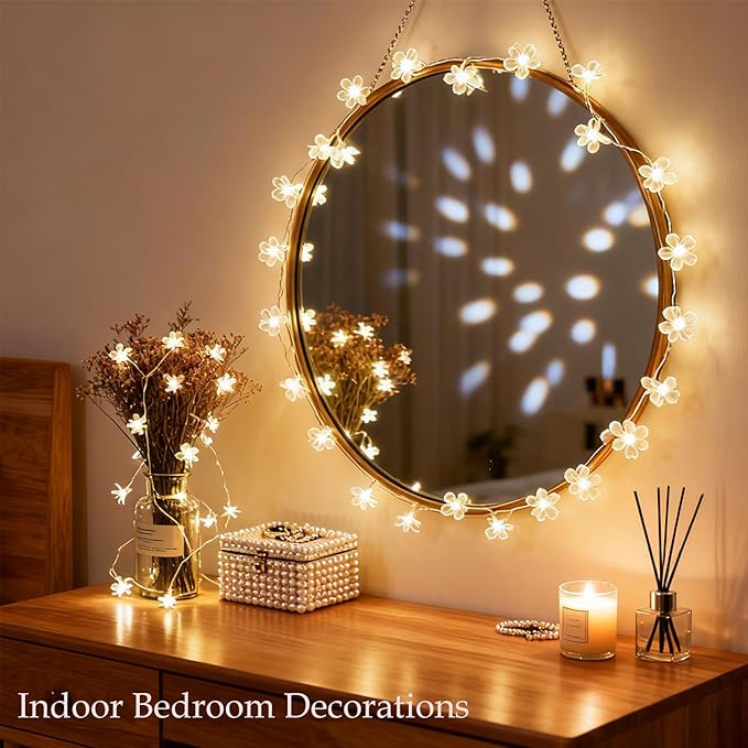 Indoor Decorative Flower String Lights, 33ft 100 LED Plug in Fairy Twinkle Cherry Blossom Floral Lamp for Bedroom Window Wall Ceiling Tree Hanging, Christmas Easter Birthday Decor (Warm White)