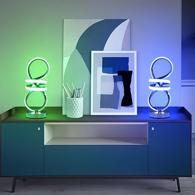 RGB Spiral Table Lamp, Modern LED Table Lamp, Chrome Cool Bedside Lamps, 7 Colors & 10 Light Modes Touch Dimmable LED Nightstand Lamp with USB/Type C for Bedroom, Living Room,Silver