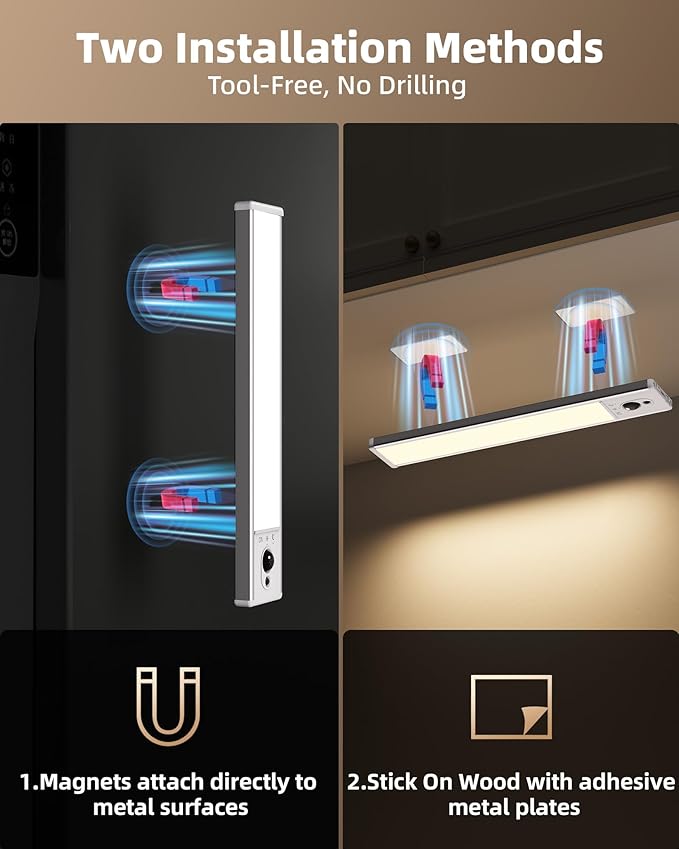 EZVALO 3-Pack Under Cabinet Lighting, 2400mAh Motion Sensor Light, LED Closet Lights Wireless, 3000K Dimmable, Timer, Magnetic, with Remote Control for Kitchen, Closet, Stair
