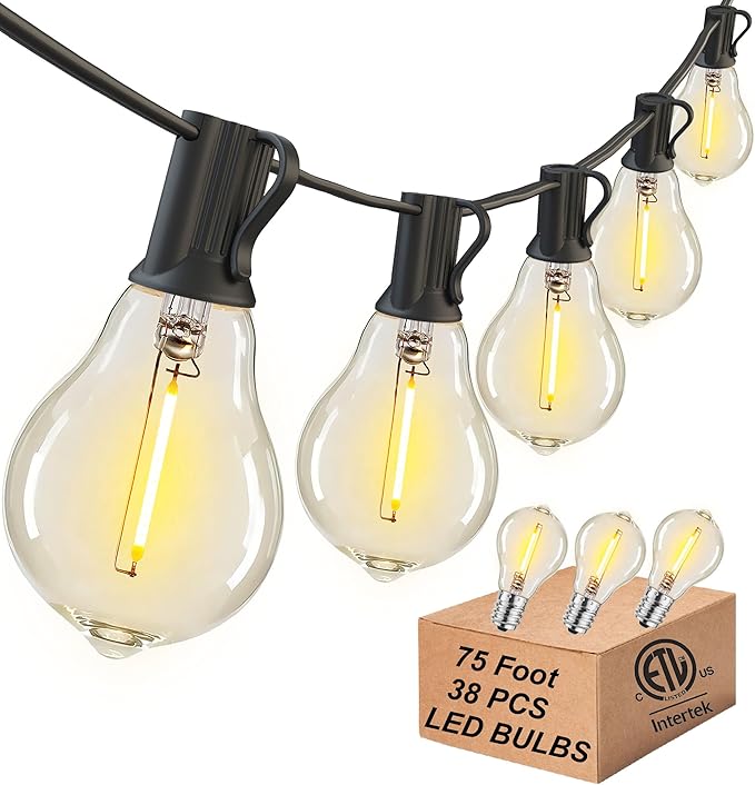 DAMAING Outdoor string lights 75FT Waterproof patio string lights with 38 Shatterproof Dimmable A39 LED Bulbs, 2FT bulbs apart Connectable Outdoor Lighting for Backyard Garden Bistro and Balcony 2200K