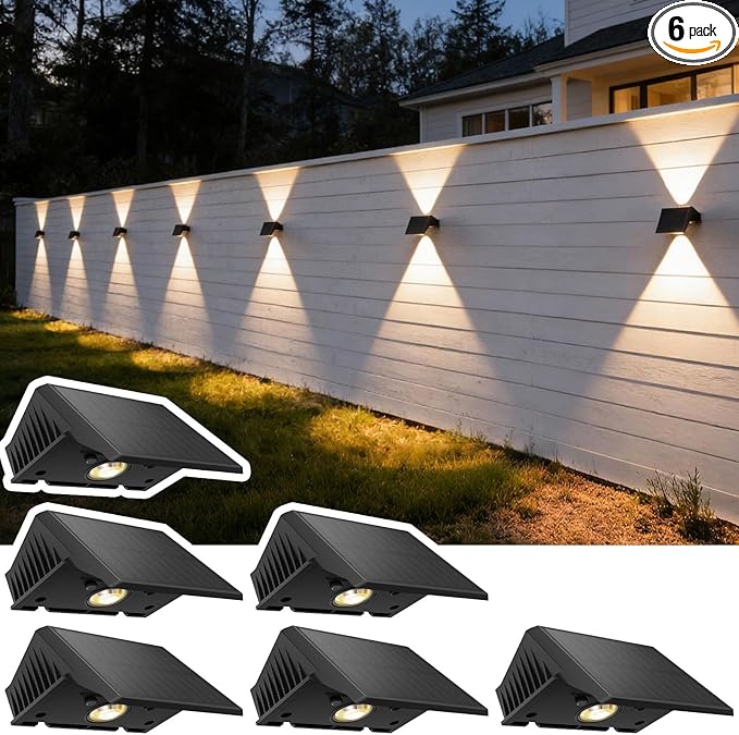 Solar Fence Lights Outdoor, 6-Pack Fence Lights Solar Powered with Up/Down Buttons, IP67 Waterproof for Outside, 120LM Auto Dusk to Dawn for Wall/Patio/Yard/Railing/Deck/Pathway (Warm White)