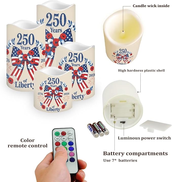 250 Years of Liberty Electric Flameless Candles Bow Flowers LED Battery Operated Remote 250th Anniversary Fourth of July Lamp Patriotic Decor for Home Patio Celebration Set of 4