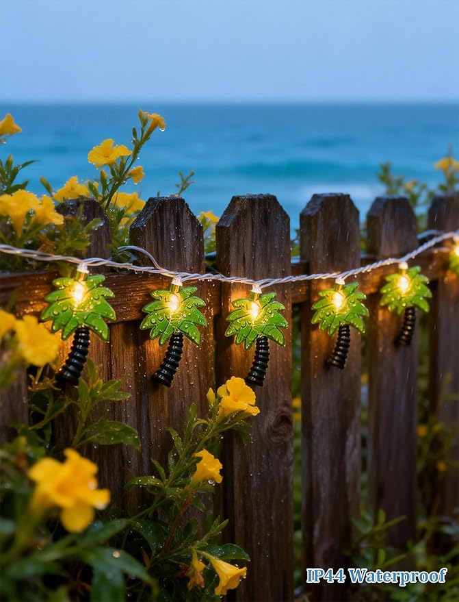 8.5Ft Palm Tree Lights Outdoor, Patio Lights String with 10 LED Summer Beach Themed Lights for Indoor Bedroom Tiki Party Decor, White Wire