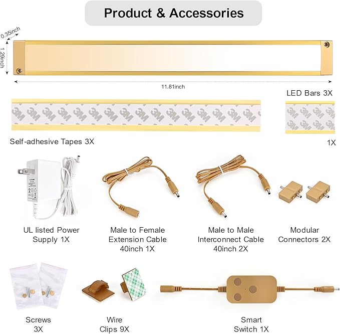 3pack 12inch Dimmable LED Under Cabinet Light Kit, 2700K to 6000K Smart LED Under Counter Lighting Fixture, Compatible with Alexa, Google Assistant, for Kitchen, Pantry, Shelf (Gold)