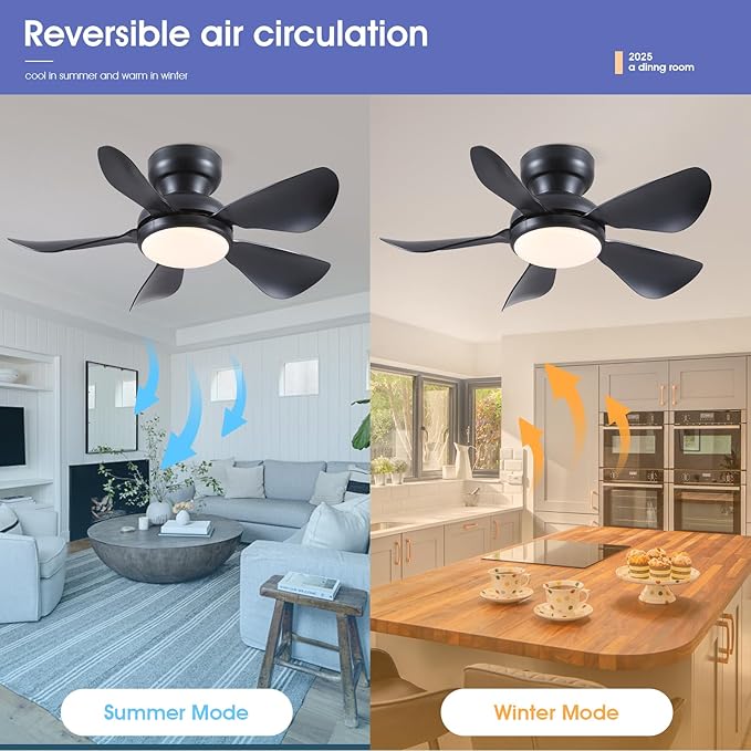32 Inch Modern Ceiling Fans with Lights, Small Flush Mount Ceiling Fan with Light and Remote/APP Control, 5 Reversible 6 Speeds Curved Blades, 3 CCT Dimmable Lights for Bedroom, Black