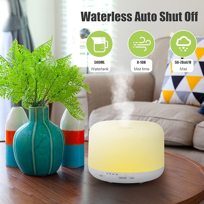 500ml Essential Oil Diffuser with Remote Control, BPA-Free Ultrasonic Humidifier with 7 Color Light,Auto Off Aromatherapy Diffuser